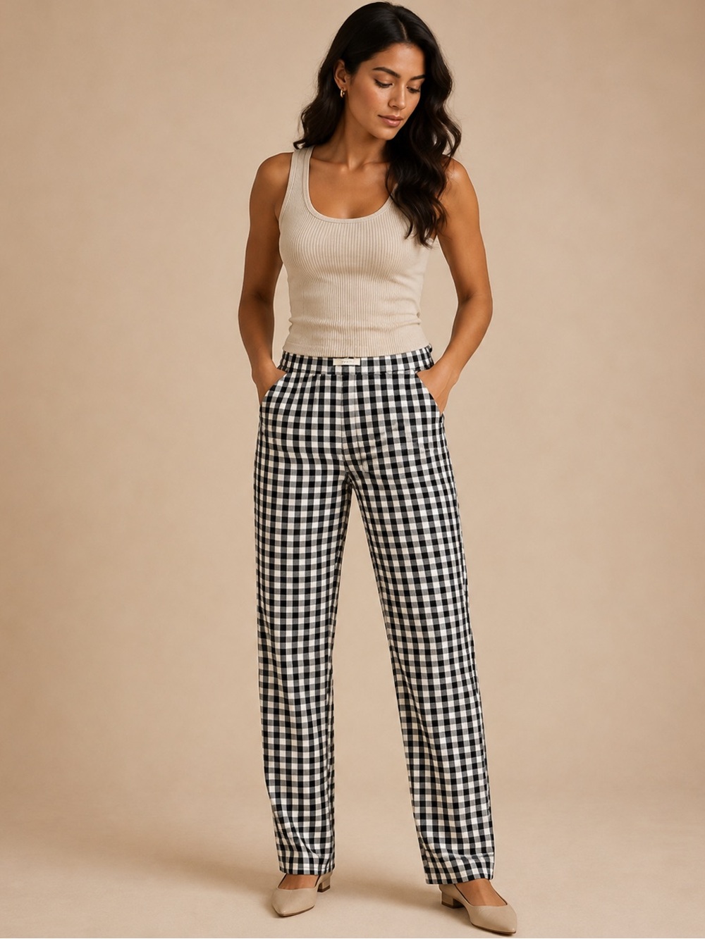 Doen Gingham Pants Size 4 Black White Check Straight Leg NWT